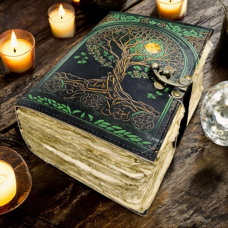 400 Page Large Grimoire Vintage leather journal, Tree of Life Fat Journal, Blank spell book of shadows Celestial Gifts For Him Her