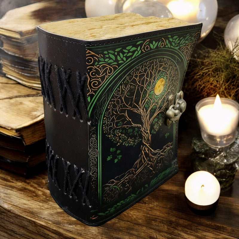 400 Page Large Grimoire Vintage leather journal, Tree of Life Fat Journal, Blank spell book of shadows Celestial Gifts For Him Her