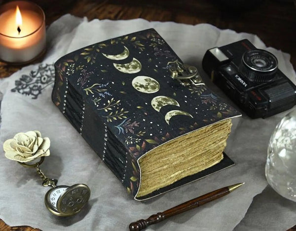 600 Page Large Grimoire Vintage leather journal, Moon Phase Handmade Fat Journal, Blank spell book of shadows Celestial Gifts For Him Her