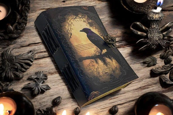 600 Pages Large Leather Journal Gothic Notebook The Raven Grimoire Print - Vintage Spell Book of Shadows Witchcraft Witchy Gifts for Men