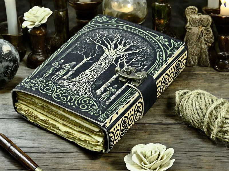 400 Page Large Grimoire leather journal, Witchy Tree of Life Journal, Blank spell book book of shadows Leather Celestial Gifts For Him Her