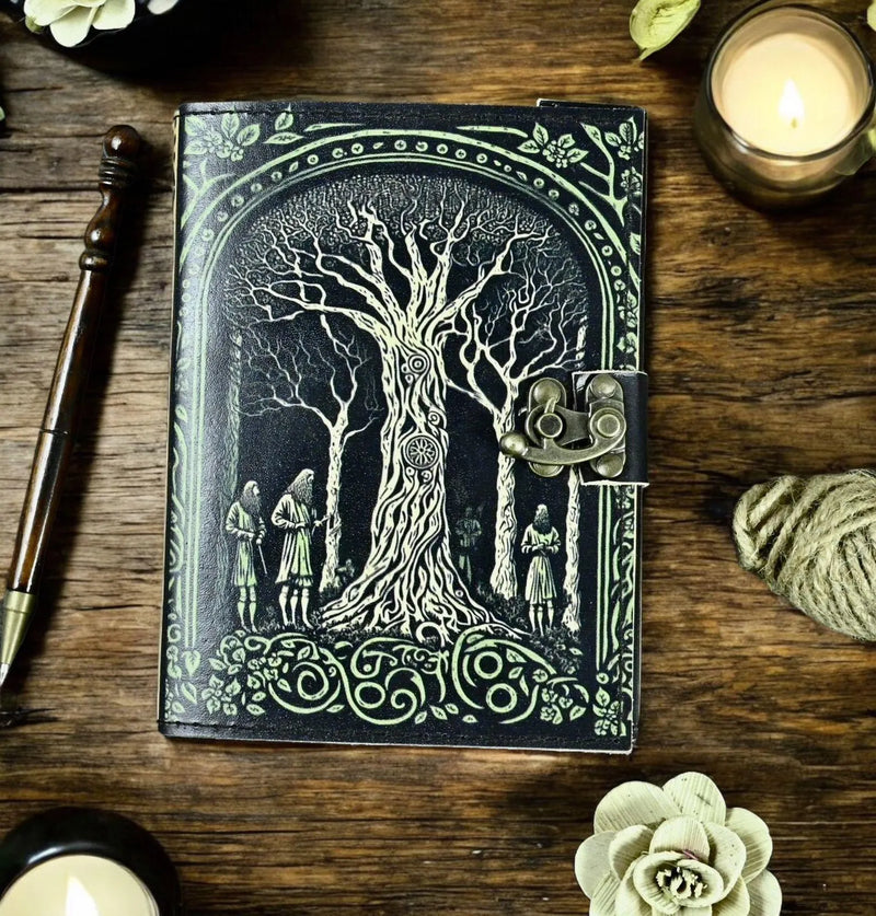 400 Page Large Grimoire leather journal, Witchy Tree of Life Journal, Blank spell book book of shadows Leather Celestial Gifts For Him Her