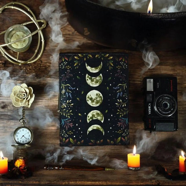 600 Page Large Grimoire Vintage leather journal, Moon Phase Handmade Fat Journal, Blank spell book of shadows Celestial Gifts For Him Her