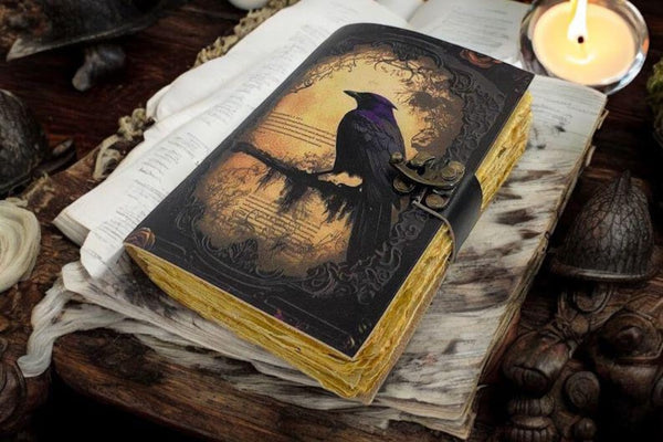 600 Pages Large Leather Journal Gothic Notebook The Raven Grimoire Print - Vintage Spell Book of Shadows Witchcraft Witchy Gifts for Men