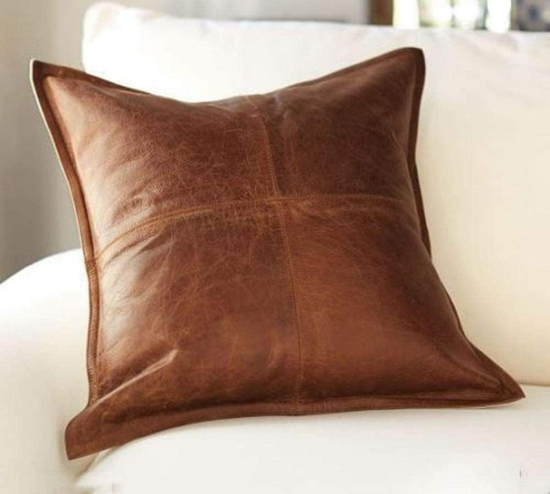 Handcrafted Brown Genuine Leather Pillow Cover – Premium Soft Leather Cushion Case for Rustic, Modern, and Luxury Home Decor – Perfect Accent for Living Room, Bedroom, or Office