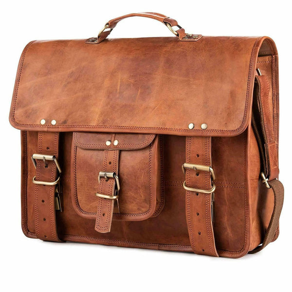 Genuine Brown Leather Crossbody Vintage Satchel Laptop Bag (15")