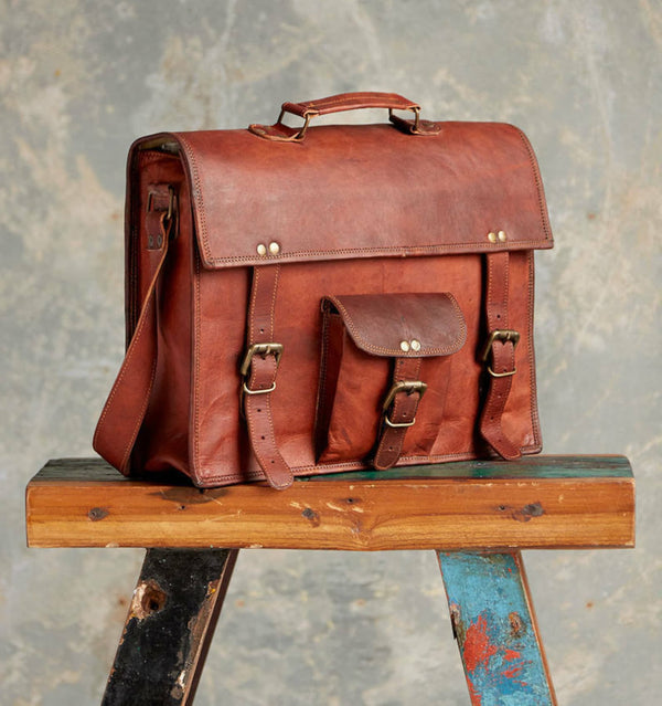 Genuine Brown Leather Crossbody Vintage Satchel Laptop Bag (15")