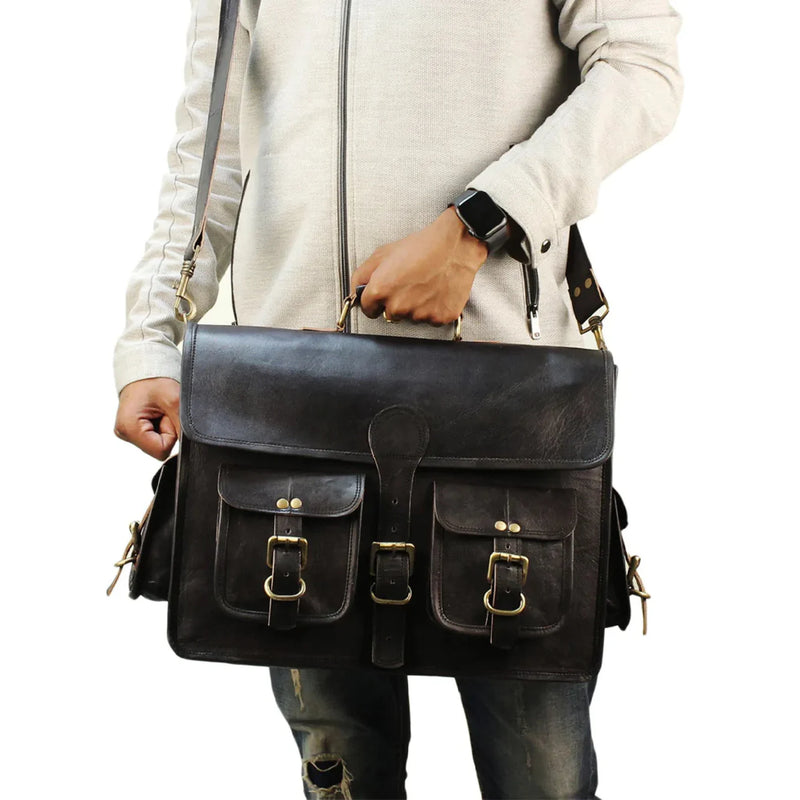 Black Handmade Vintage Genuine Leather Messenger Bag (18")