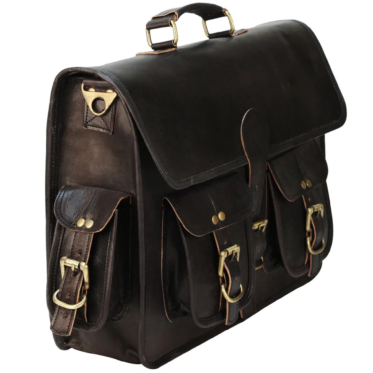 Handmade Vintage Black Leather Messenger Laptop Bag (18")